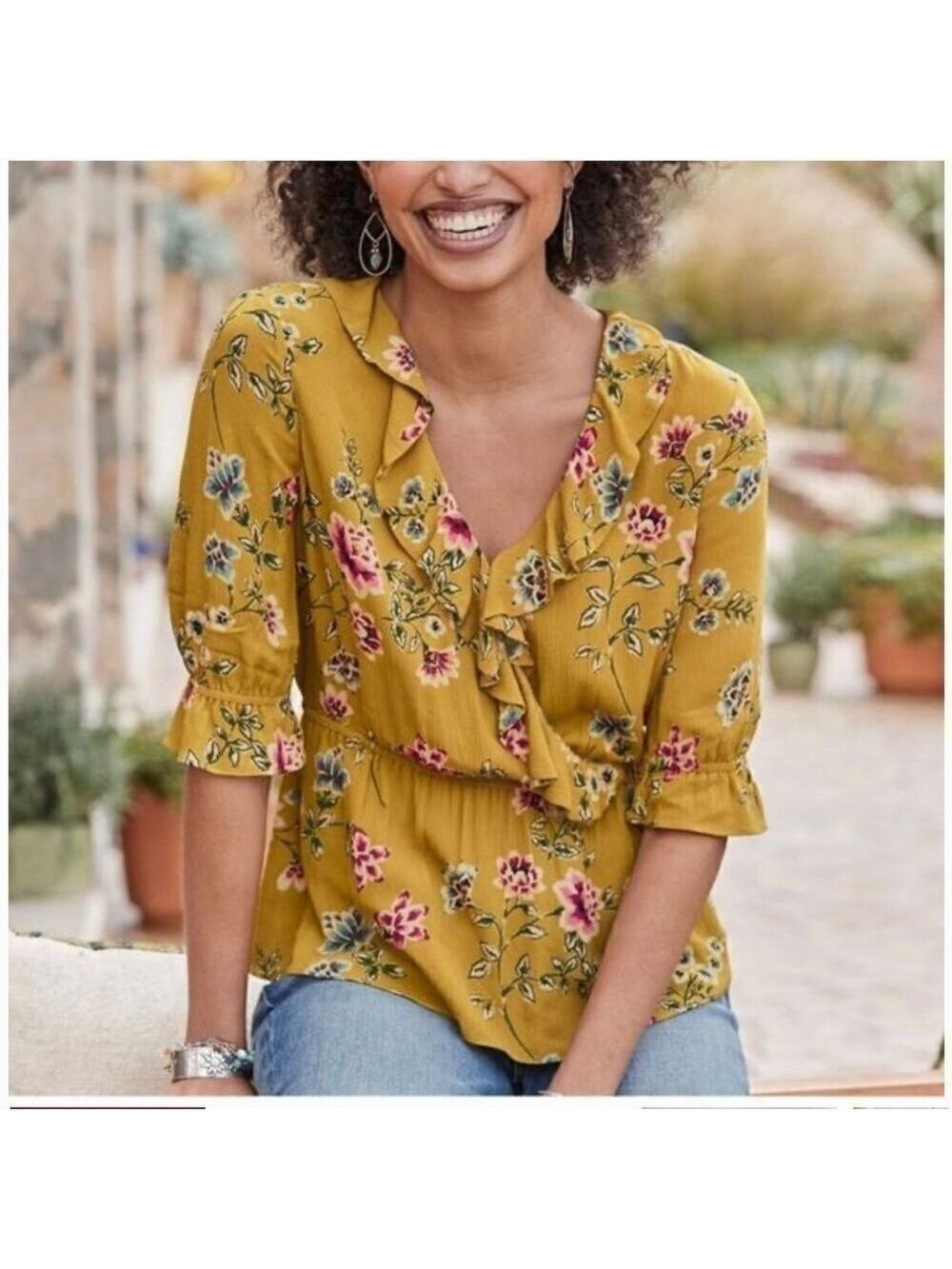 Sundance Calla Floral Ruffle Collar Peplum Crinkle Top